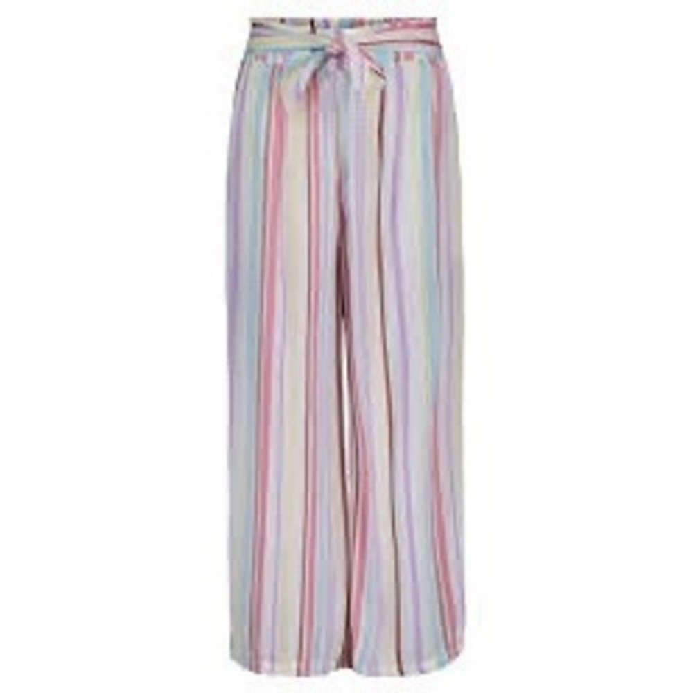 Multicolor Vertical Striped Wide Leg Pants Elastic Waist‎ Tie Belt Boho Casual